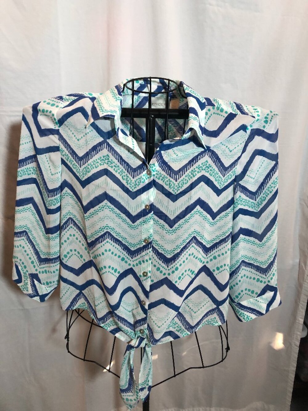 Chico's Sz 0 Zig Zag Pattern Sheer Blue & Green 3/4 Sleeve Blouse 19" Pit to Pit